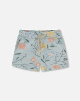 French Terry Short Baby Blue With Printed Romantic Flower-0