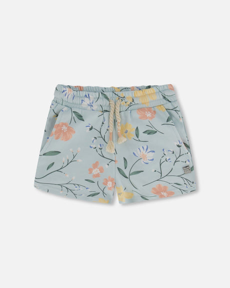 French Terry Short Baby Blue With Printed Romantic Flower-0
