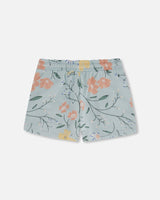 French Terry Short Baby Blue With Printed Romantic Flower-2