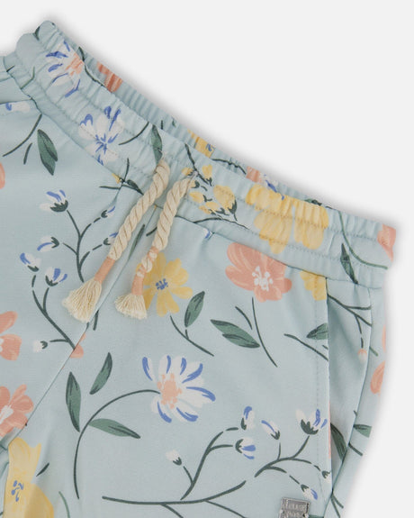 French Terry Short Baby Blue With Printed Romantic Flower-3