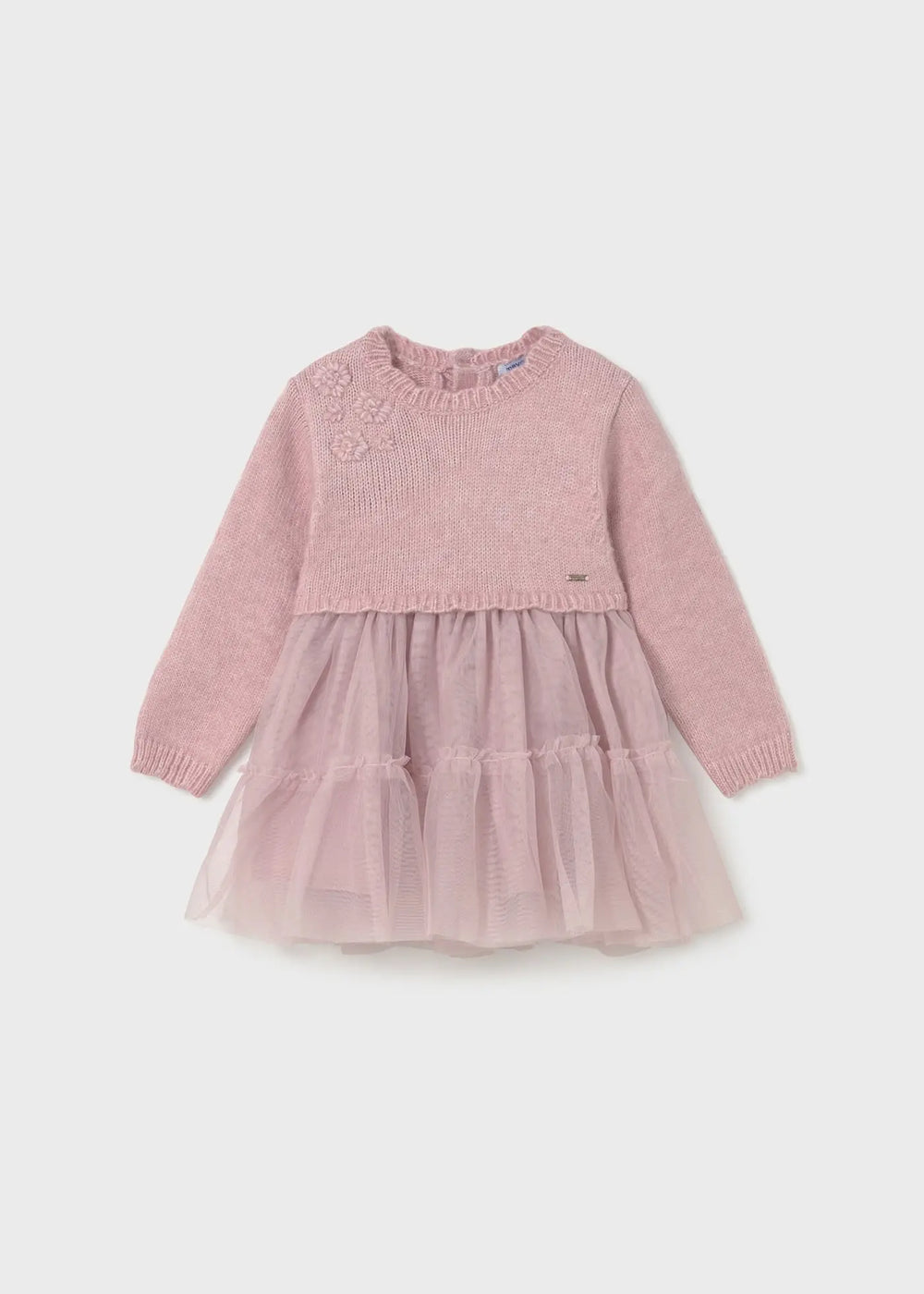 Flat lay front view of Mayoral baby knit and tulle dress