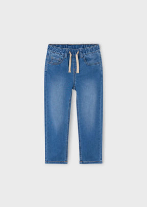 Flat lay front view of Mayoral boy jogger jeans with drawstring waist