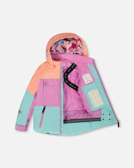 Flat lay of colorblocked jacket — front view with waterproof zippers and chin guard