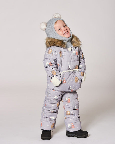 Fleece-lined hood with removable faux-fur trim on baby boys gray bear snowsuit, wind flap and chin guard