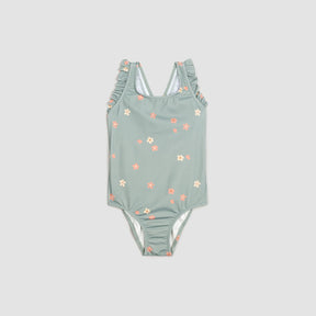 Miles The Label baby girls and girls Dusty Green floral one-piece swimsuit with UPF 50+ and ruffle shoulders.