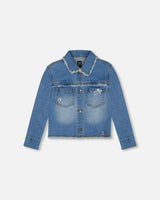 Frayed Denim Jacket With Embroidery Jeans Blue | Deux par Deux | Jenni Kidz