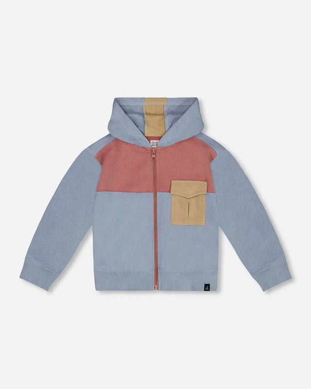 French Terry Full Zip Hoodie Sweatshirt Pale Blue And Dark Old Rose | Deux par Deux | Jenni Kidz