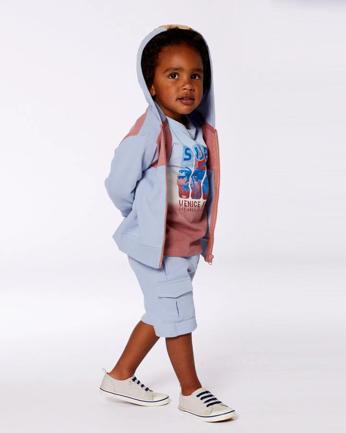 French Terry Full Zip Hoodie Sweatshirt Pale Blue And Dark Old Rose | Deux par Deux | Jenni Kidz