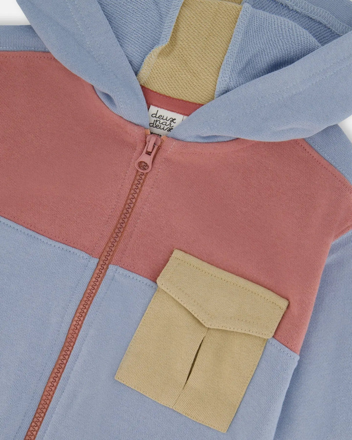 French Terry Full Zip Hoodie Sweatshirt Pale Blue And Dark Old Rose | Deux par Deux | Jenni Kidz