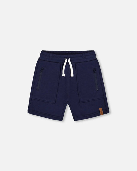 French Terry Zip Pocket Shorts Navy Blue | Deux par Deux | Jenni Kidz