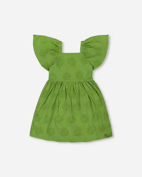 Frill Sleeve Dress With Embroidery Green | Deux par Deux | Jenni Kidz