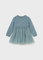 Front flat lay of Mayoral baby knit and tulle dress in soft blue-green with waved collar