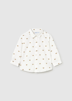 Mayoral baby boy White/Tan printed buttondown shirt with collar and long sleeves.