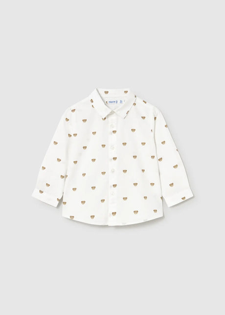 Front flat lay of Mayoral baby printed long-sleeve shirt with collar and button placket
