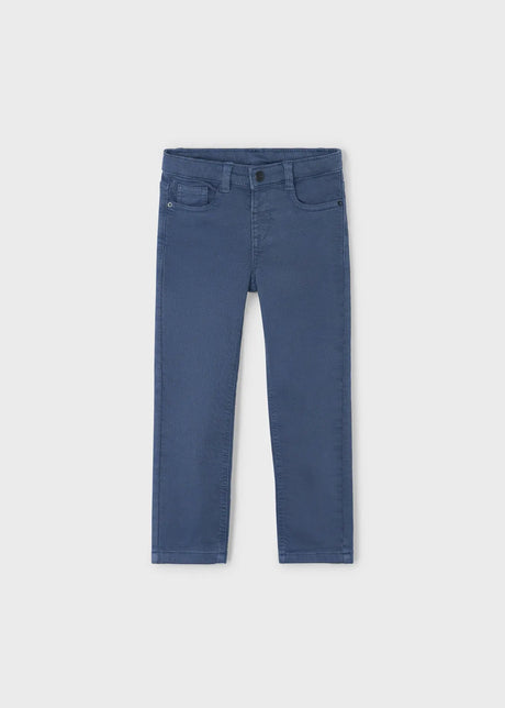 Front flat lay of Mayoral boys’ straight-leg pants in indigo cotton twill