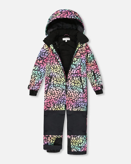 Front view of Deux par Deux one-piece rainbow leopard snowsuit for kids