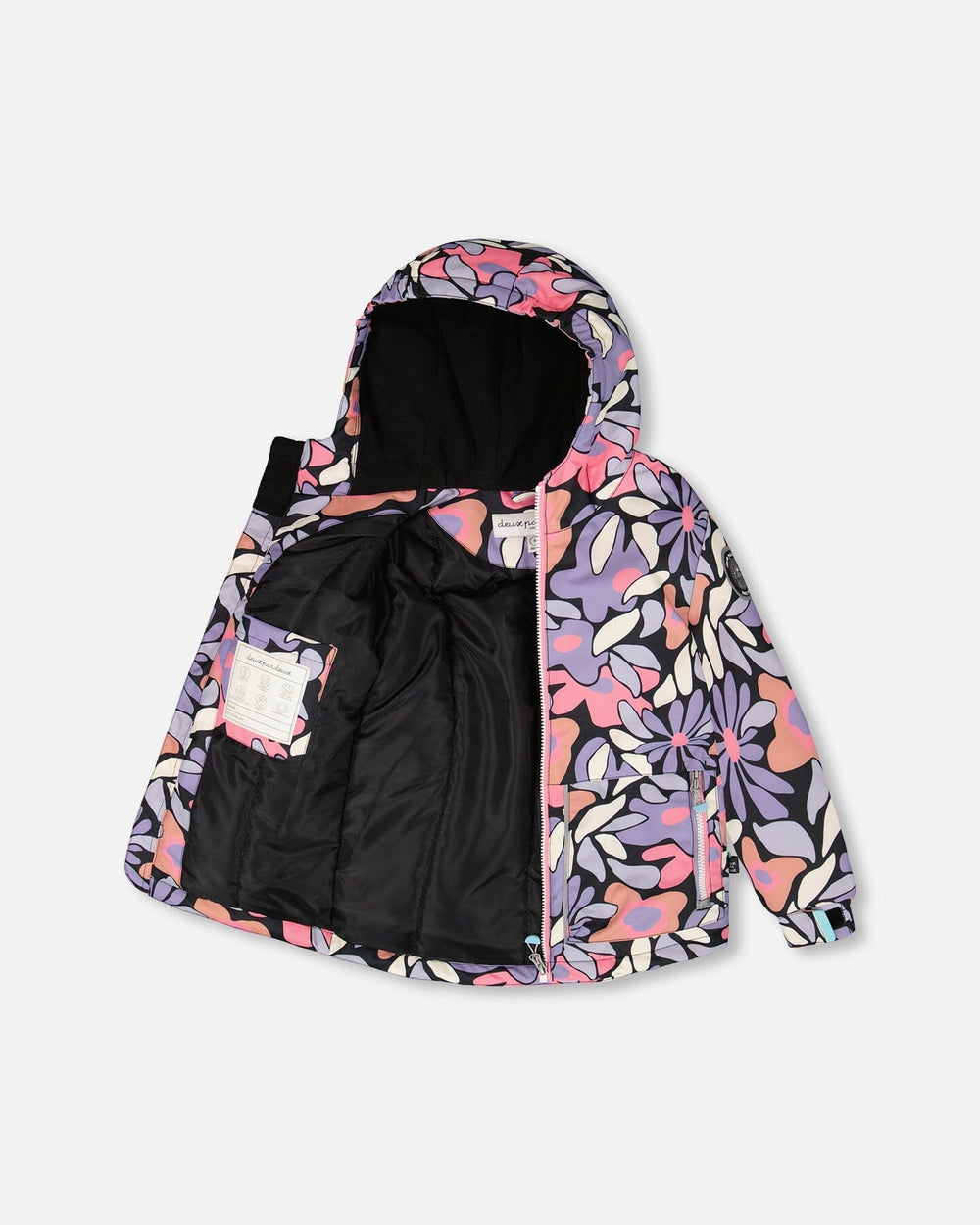 Front view of Deux par Deux purple gray kids’ snowsuit jacket