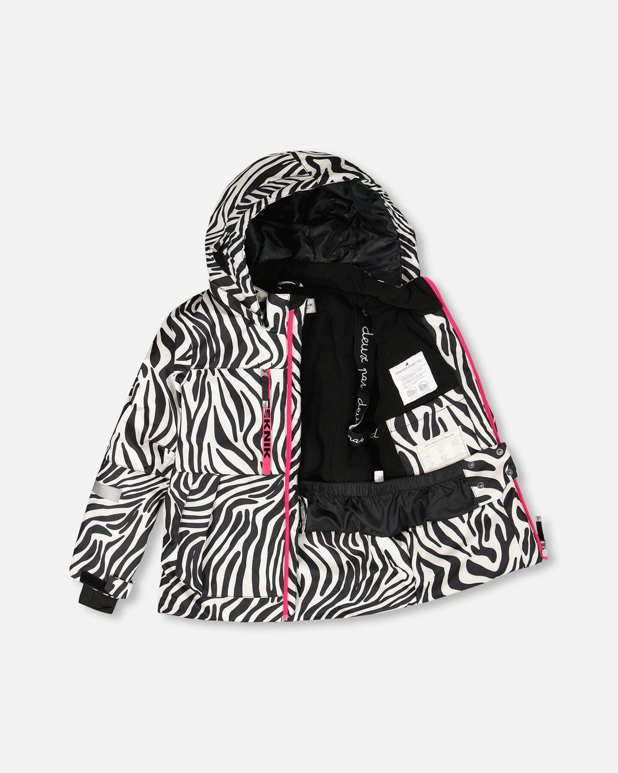 Front view of Deux par Deux zebra print TEKNIK snowsuit jacket with hood