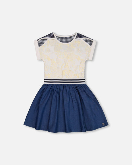 Bi-Material Organic Cotton And Chambray Dress White And Navy-0