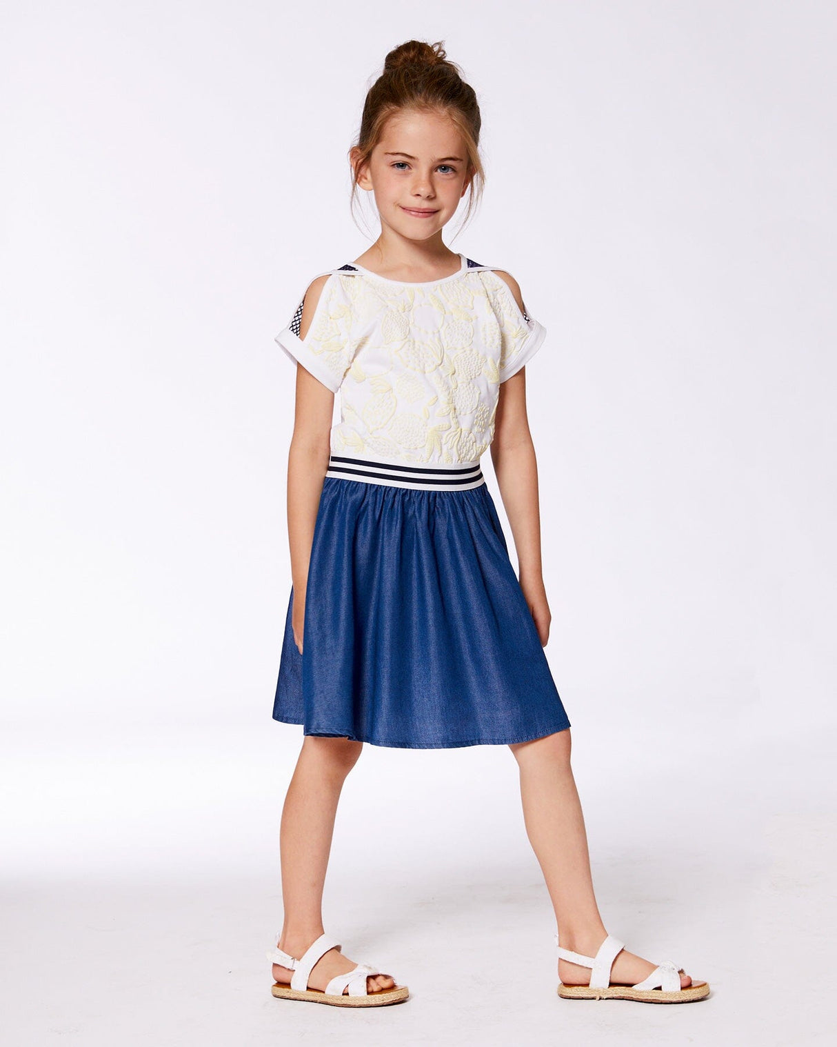 Bi-Material Organic Cotton And Chambray Dress White And Navy-1