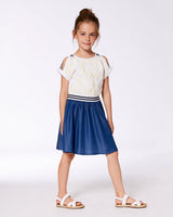 Bi-Material Organic Cotton And Chambray Dress White And Navy-1