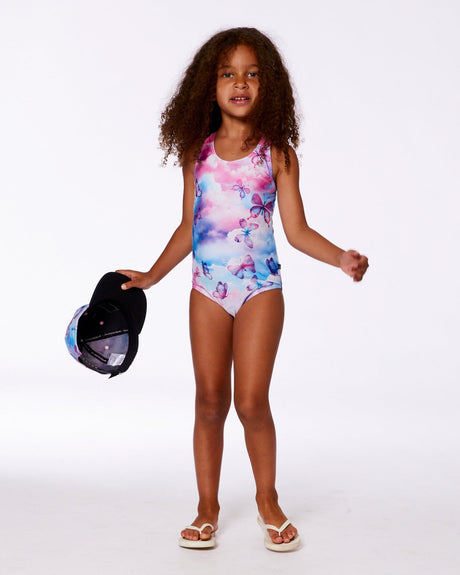 Printed One-Piece Swimsuit Butterflies On Multicolored Background-1