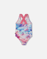 Printed One-Piece Swimsuit Butterflies On Multicolored Background-2