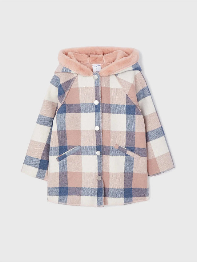 Mayoral girls rose plaid hooded coat with faux-fur lining, snap closure, and Pink Grey Blue plaid design.