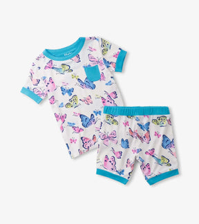 Hatley girls Big Butterflies bamboo short pajama set with aqua trim and matching shorts.