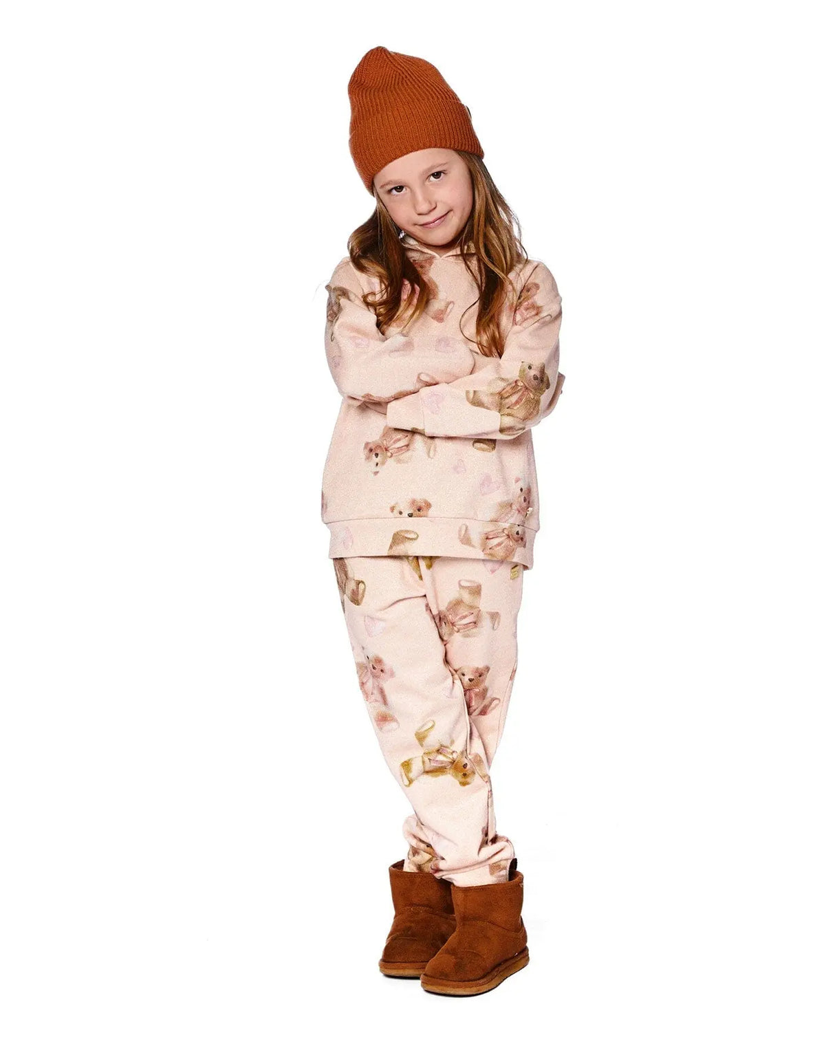Glittering French Terry Sweatpants Beige Teddy Bear Print | Deux par Deux | Jenni Kidz