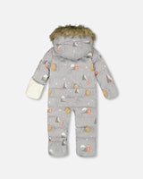 One-Piece Baby Snug Snowsuit Designed For Car Seat Gray Bear Print-3