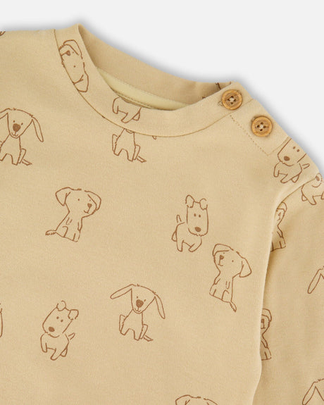 Organic Cotton Pant And Top Set Beige Printed Dogs-2