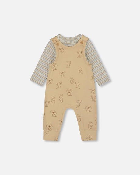 Organic Cotton Onesie With Overalls Set Beige Printed Dogs-0