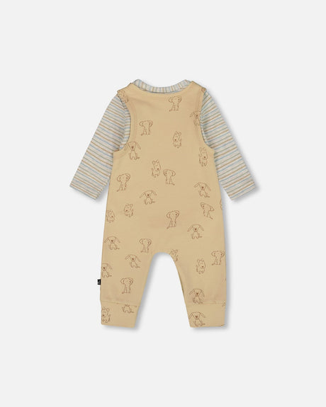 Organic Cotton Onesie With Overalls Set Beige Printed Dogs-2