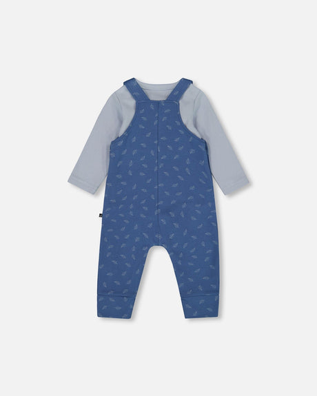 Organic Cotton Onesie And Overalls Set Blue Leaf Print-1