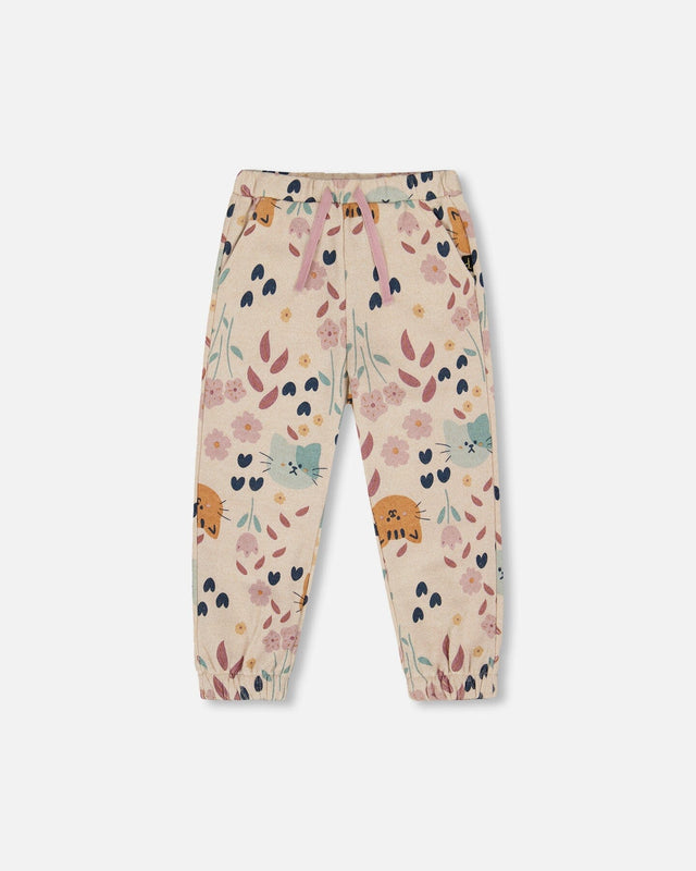 Glittering French Terry Sweatpant Beige Cat Print-0