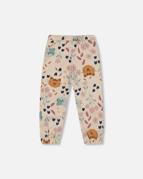 Glittering French Terry Sweatpant Beige Cat Print-3