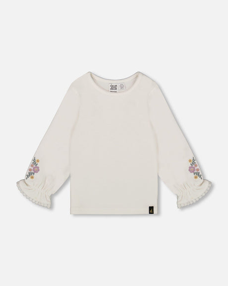 Jersey Top Off-White With Embroidered Floral Sleeves-0