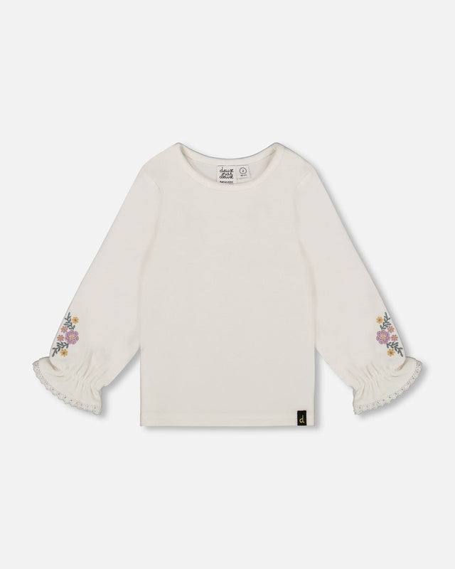 Jersey Top Off-White With Embroidered Floral Sleeves-0