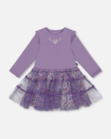 Bi-Material Dress With Muslin And Mesh Skirt Purple Gray-2