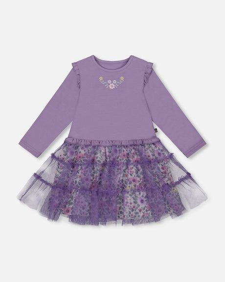 Bi-Material Dress With Muslin And Mesh Skirt Purple Gray-2