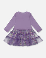 Bi-Material Dress With Muslin And Mesh Skirt Purple Gray-1