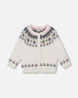 Jacquard Knit Cardigan Off-White With Floral Pattern-0