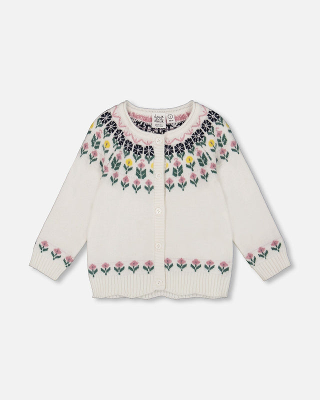 Jacquard Knit Cardigan Off-White With Floral Pattern-0