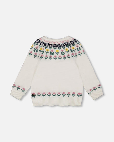 Jacquard Knit Cardigan Off-White With Floral Pattern-2