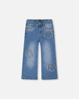 Wide Leg Stretch Light Blue Denim Jeans With Flower Stitching-0