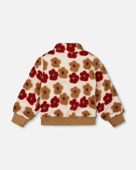 Full Zip Sherpa Jacket With Jacquard Floral Pattern Beige And Red-2