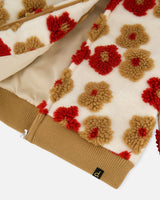 Full Zip Sherpa Jacket With Jacquard Floral Pattern Beige And Red-4