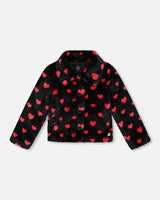 Faux Fur Short Coat Black And Red With Hearts-0