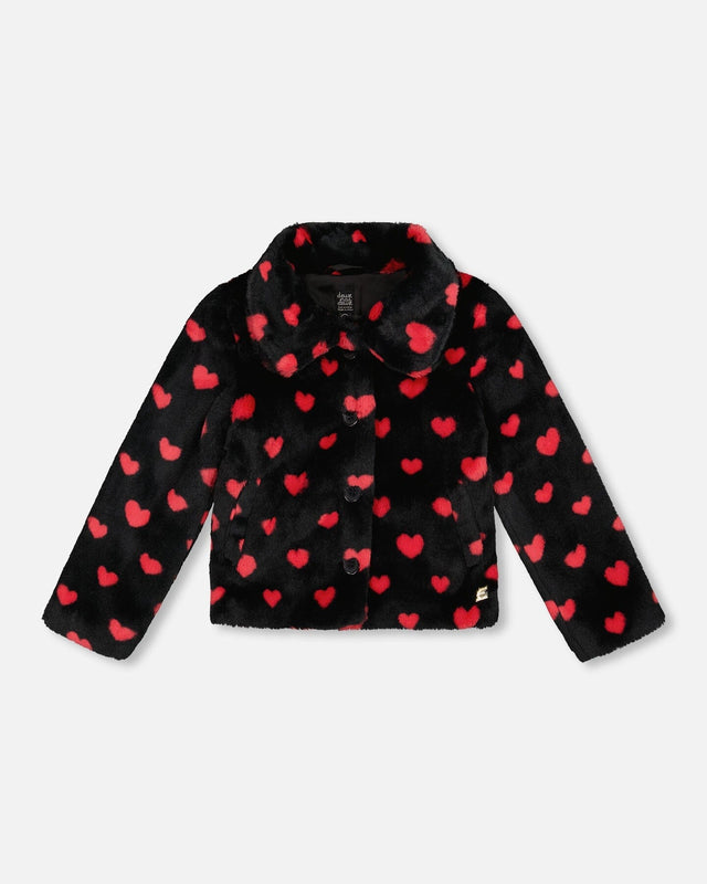 Faux Fur Short Coat Black And Red With Hearts-0
